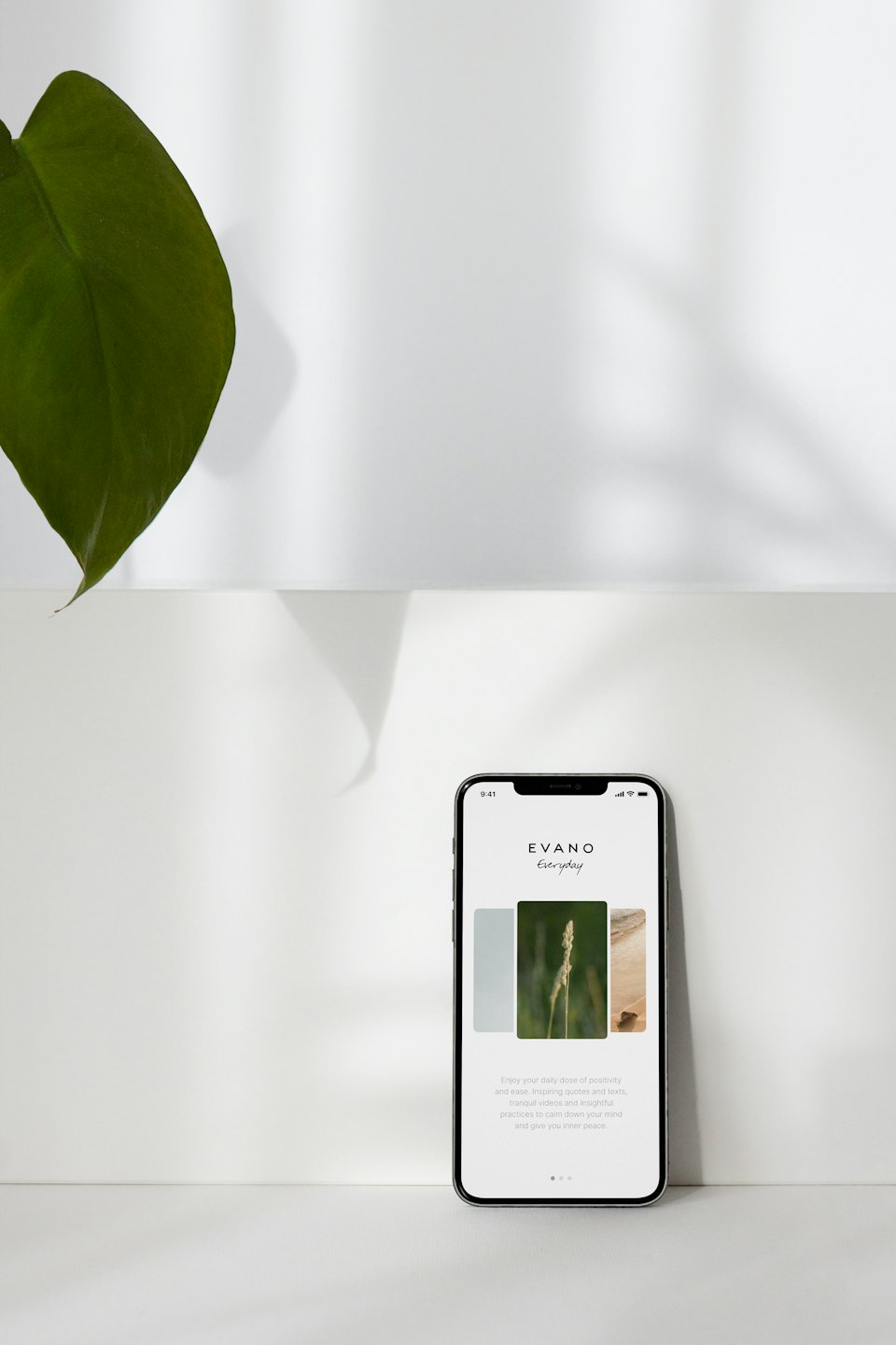 Smartphone displaying a mental wellness app on a white desk.